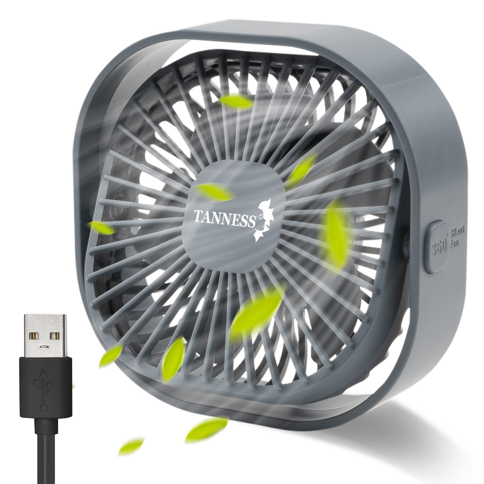 TANNESS Desk Fan, USB, 360° Rotation | Small, Portable Quiet, 3 Speed Fans & Strong Airflow, Standing Cooling Quiet Bedroom, Grey