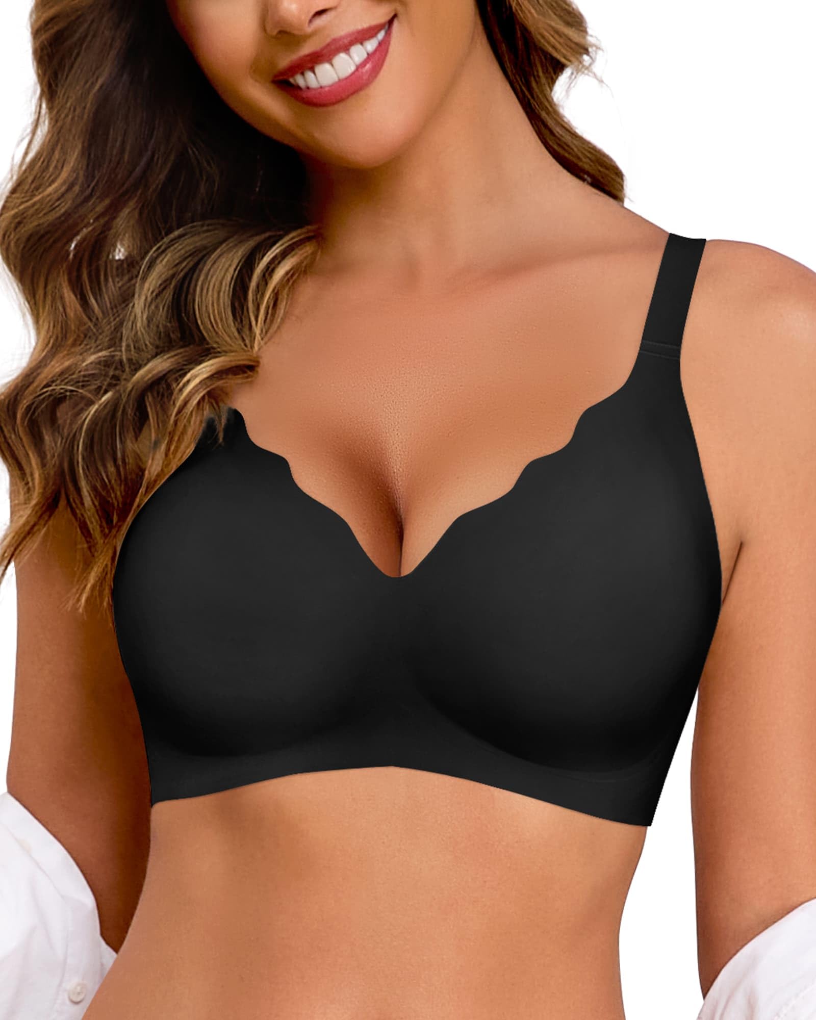Photo 1 of SCECXY Womens Comfortable Bralettes Scalloped V Neck Full Coverage Wirefree Seamless Bras with Support Back Smoothing Push Up Bra Black XXXL