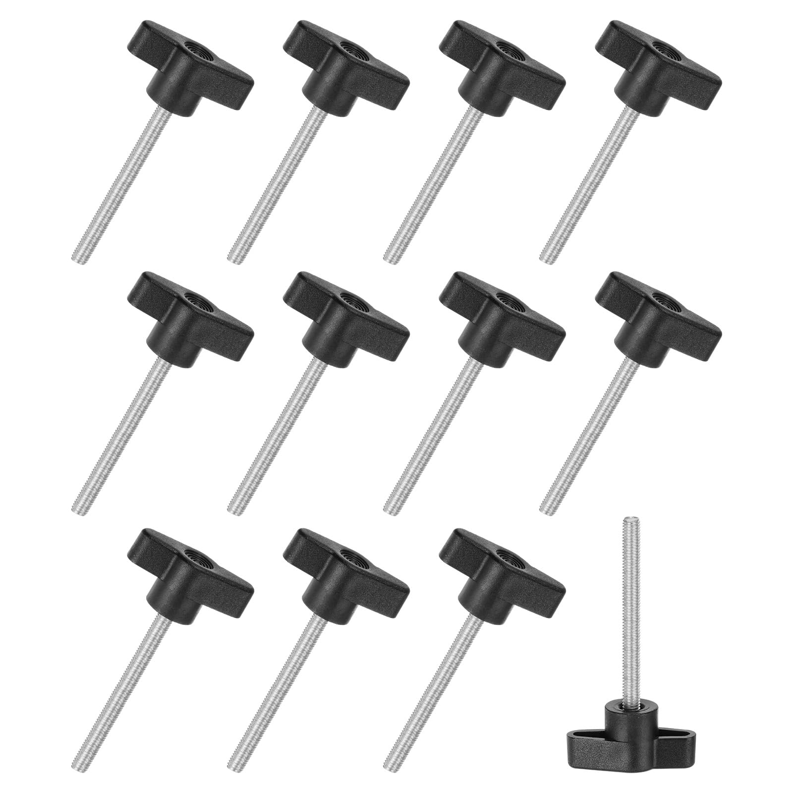 M METERXITY 12-Pack Thumb Screws, M5x50mm Tee Wing Knobs, T Shaped Handle Clamping Screw Knob for Woodworking/Machinery/Equipment, Metric Thread Thumbscrew [304 Stainless Steel, Black]