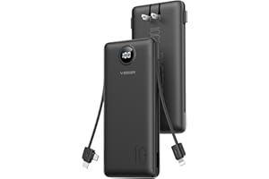 VEGER All in One Travel Portable Charger with Built-in AC Plug & Cables, 10000mAh Slim Power Bank Battery Pack, 15W Fast Charging Compatible with iPhone, Samsung, Android-Black