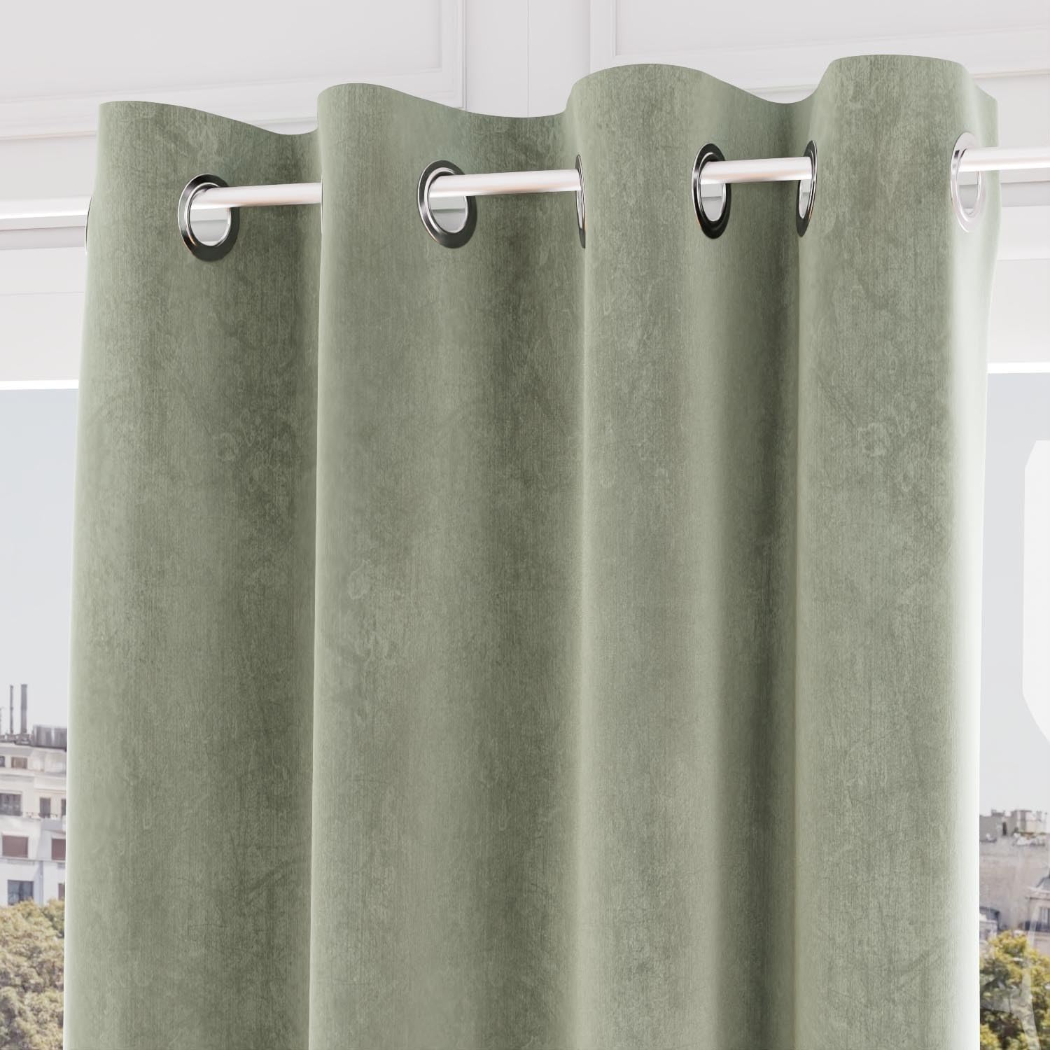 Soleil d'ocre Rideau for eyelets, eyelets, green, 140 x 250 cm
