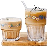 yaocoral Set of 2 Floral Drinking Glasses Flower Glass Coffee Cups Cute Daisy Glass Cups for Juice,Iced Coffee,Tea,Latte,Dessert,Milk,Stackable Glassware Drinkware Set ﻿(blue1)