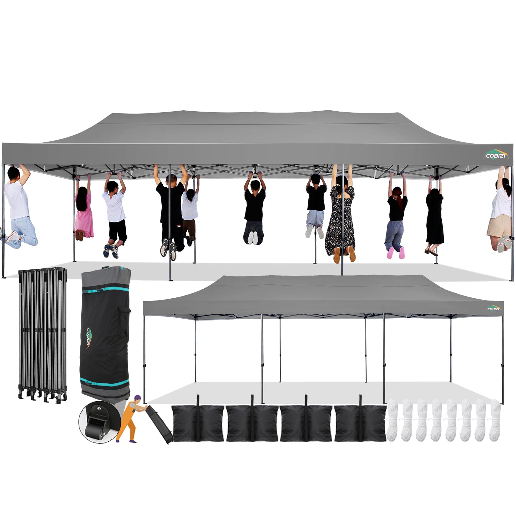 Photo 1 of COBIZI 10x30 Pop Up Canopy Without Sidewall,Heavy Duty Canopy UPF 50+ All Season Wind Waterproof Commercial Outdoor Wedding Party Tents for Parties Canopy Gazebo with Roller Bag(10 x 30 ft Gray)