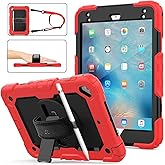 SEYMAC stock Case for iPad mini 5/4 with Screen Protector Pencil Holder [360 Rotating Hand Strap] & Stand, Drop-Proof Case for iPad mini 5th/4th Generation 7.9 inch (Black+Red)