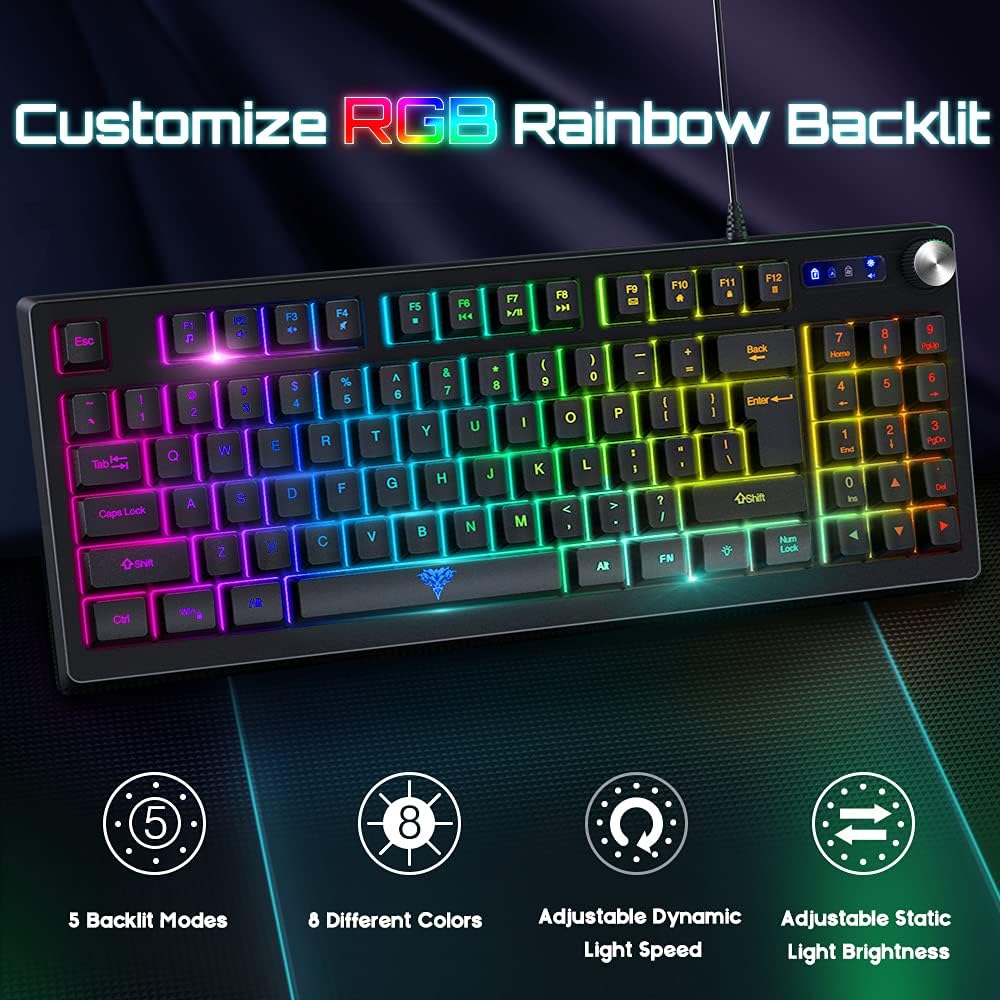BENGOO Gaming Keyboard, RGB LED Rainbow Backlit Small Gaming Keyboard with 89 Keys and Multimedia Shortcus, Mechanical Feeling Keyboard Wired with 25 Anti-ghosting Keys for Windows Gaming PC Mac: Computers & Accessories