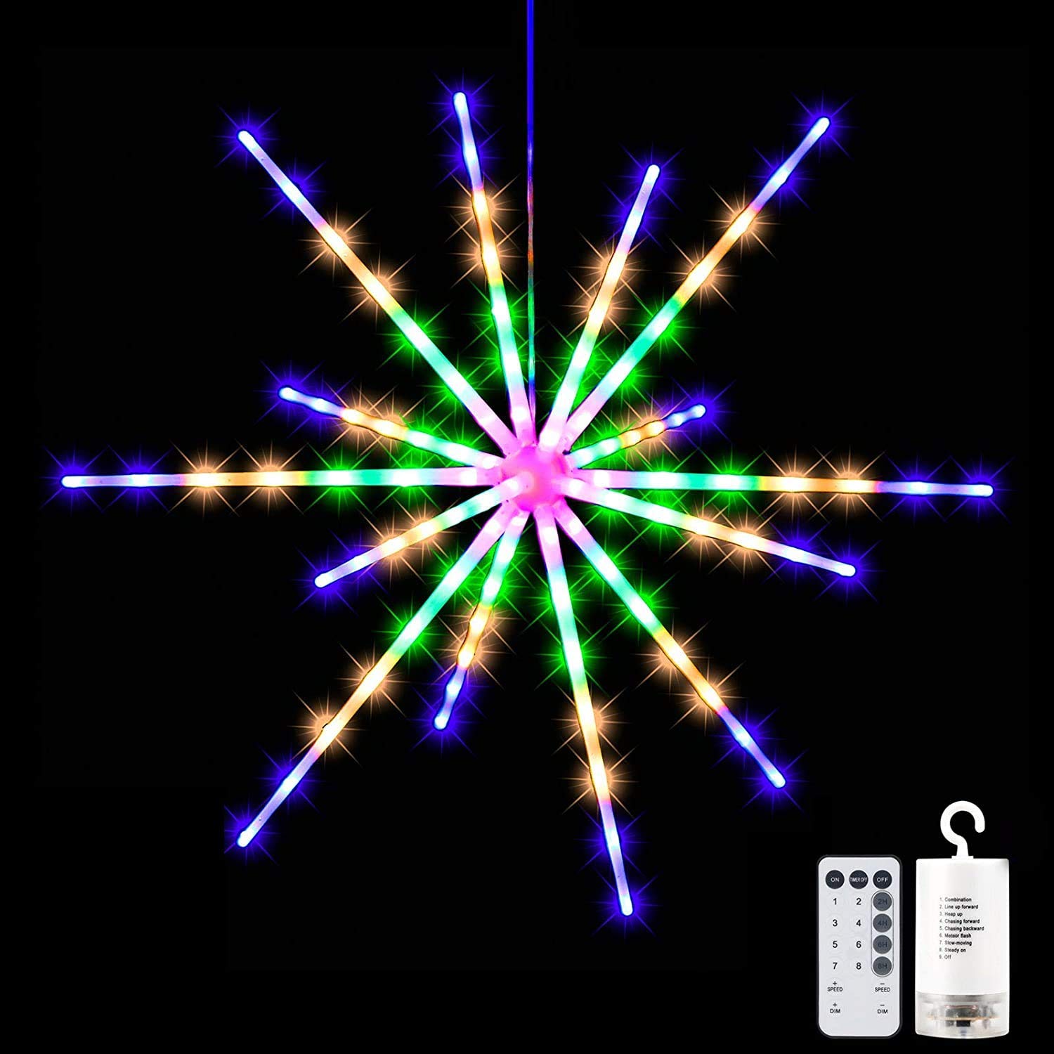 112 LED Hanging Starburst Light, Firework Fairy Starburst String Lights LED Meteor Light with Remote, 8 Lighting Modes Operated, Starry Light for Garden Party Christmas (Multicolor)