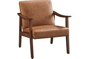Yaheetech PU Leather Accent Chair, Mid-Century Modern Armchair with Solid Wood Legs, Reading Leisure Chair with High Back for Living Room Bedroom Waiting Room, Brown