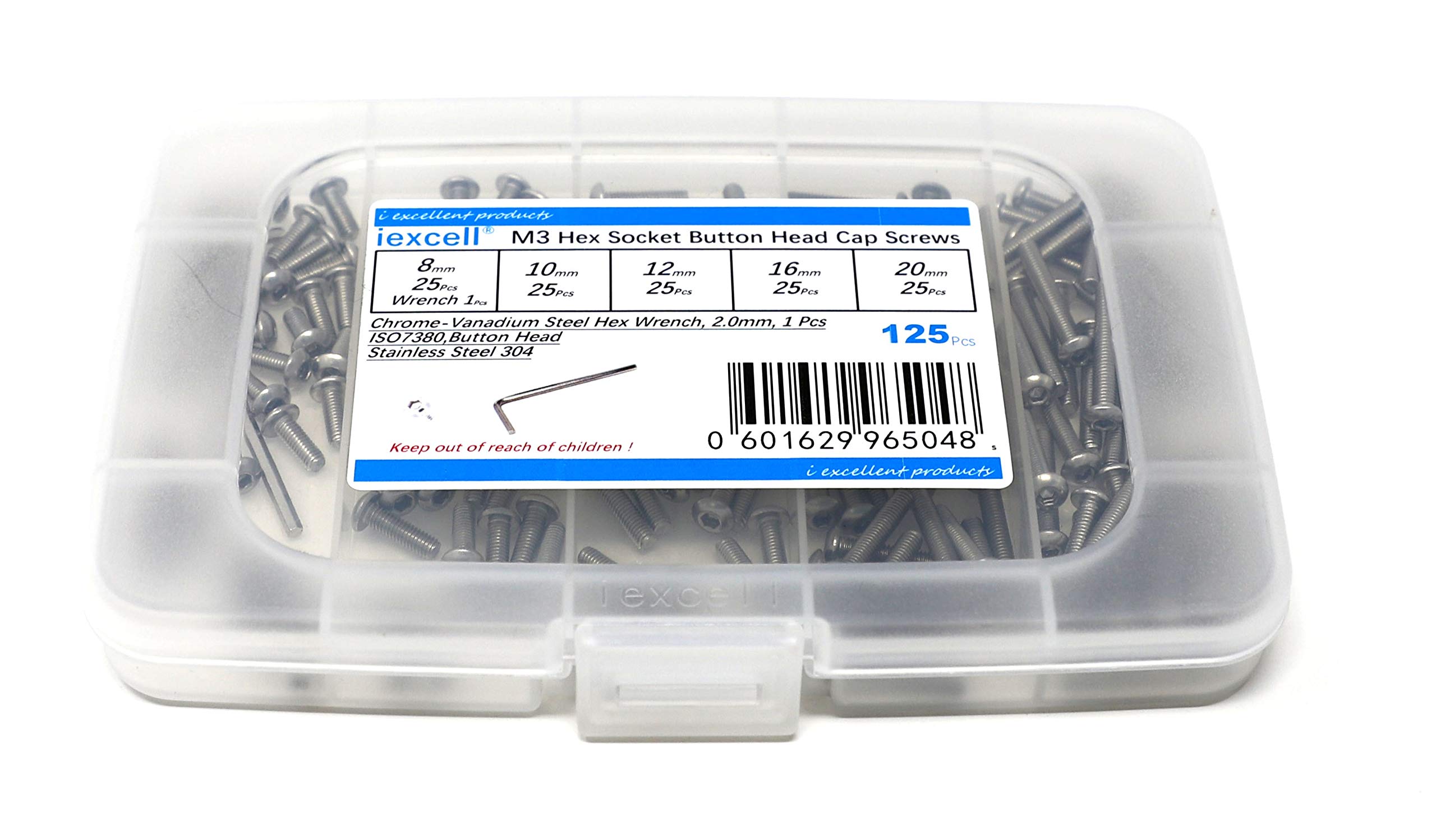 iexcell 125 Pcs M3 x 8/10/12/16/20 Stainless Steel 304 Hex Socket Button Head Cap Screws Bolts Assortment Kit — image 1
