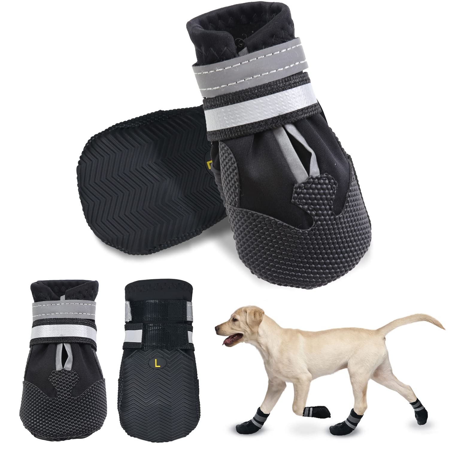 Dricar Bottes Chien, Ensemble de 4 Chaussures pour Chiens Antidérapant, Bottes de Protection pour Chien Imperméable pour Chiens de Taille Moyenne et Grande (L, Noir)