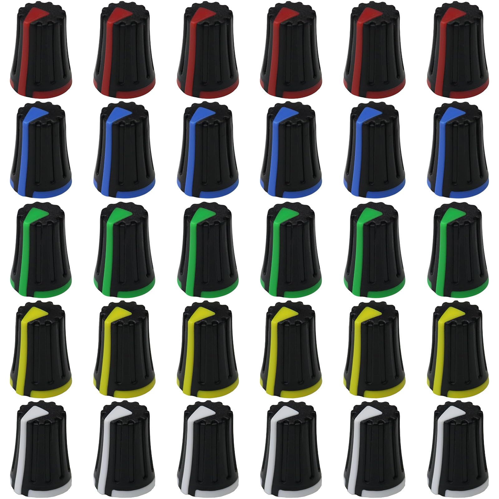30 Pack Mixed Colour Triangle Indicator 6mm D270 Rotary Control Knobs Black Body Audio/Guitar/Mixer Knob