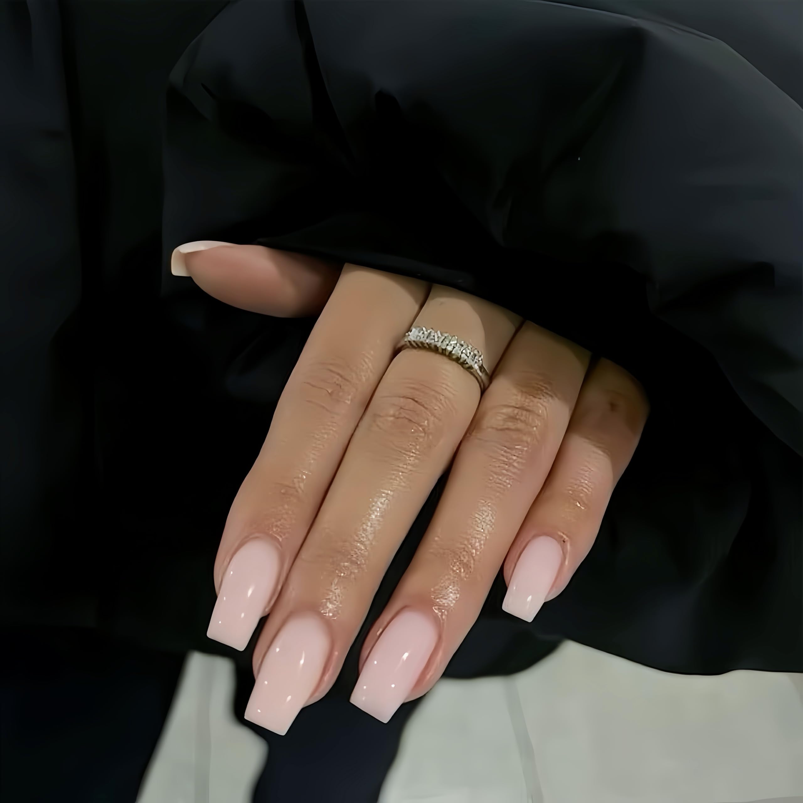 SXVME Pastel Pink Press on Nails Long Square, Pink False Nails Medium Coffin, Glossy Gel Fake Nails Press on, Sheer Gel Stick on Nail for Women, 24 Pcs