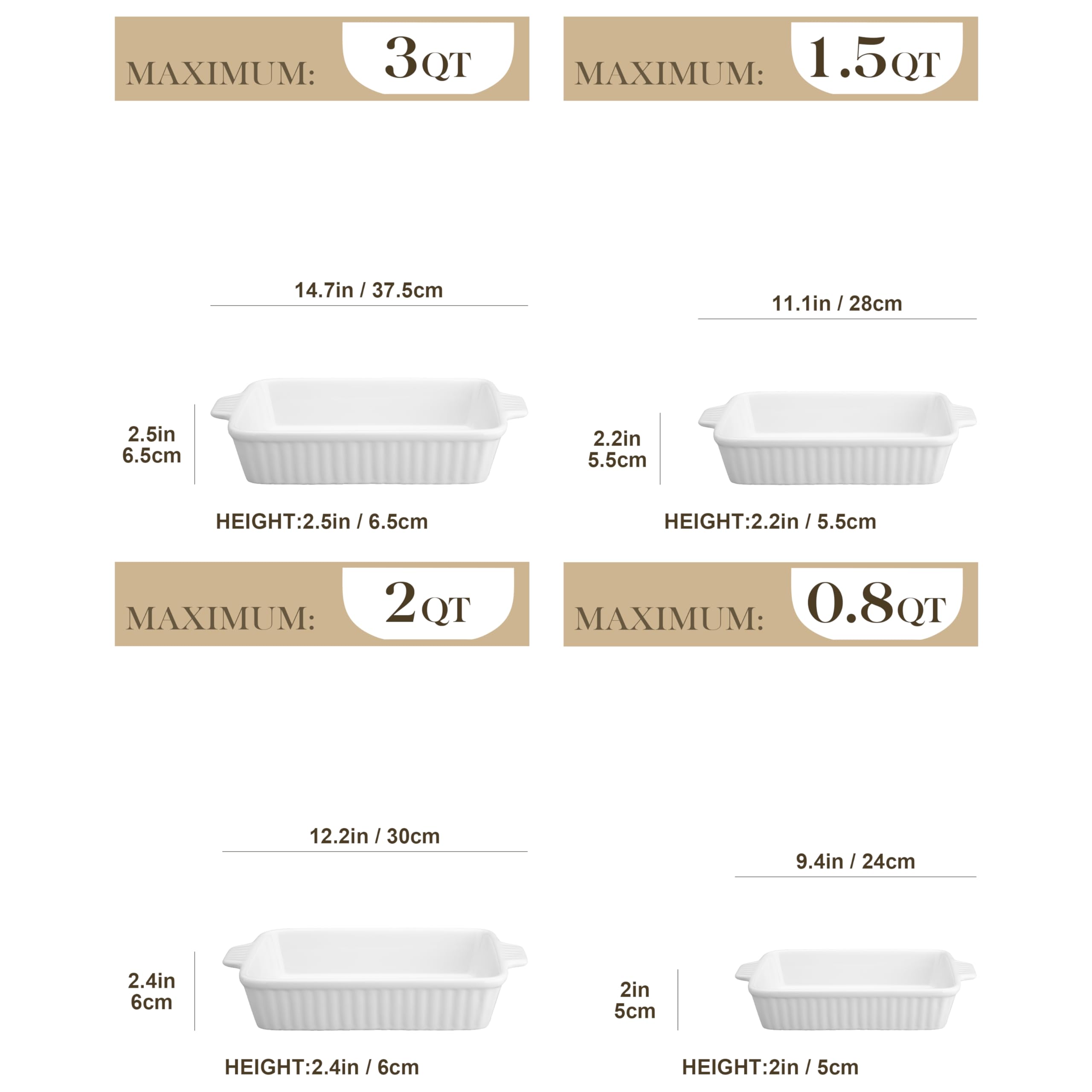 MALACASA Casserole Dishes for Oven, Porcelain Baking Dishes, Ceramic Bakeware Sets of 4, Rectangular Lasagna Pans Deep with Handles for Baking Cake Kitchen, White (9.4