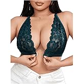 MAKEMECHIC Women's Plus Size Lace Bralette Front Closure Bras Wireless Deep V Triangle Sexy Lace Bra