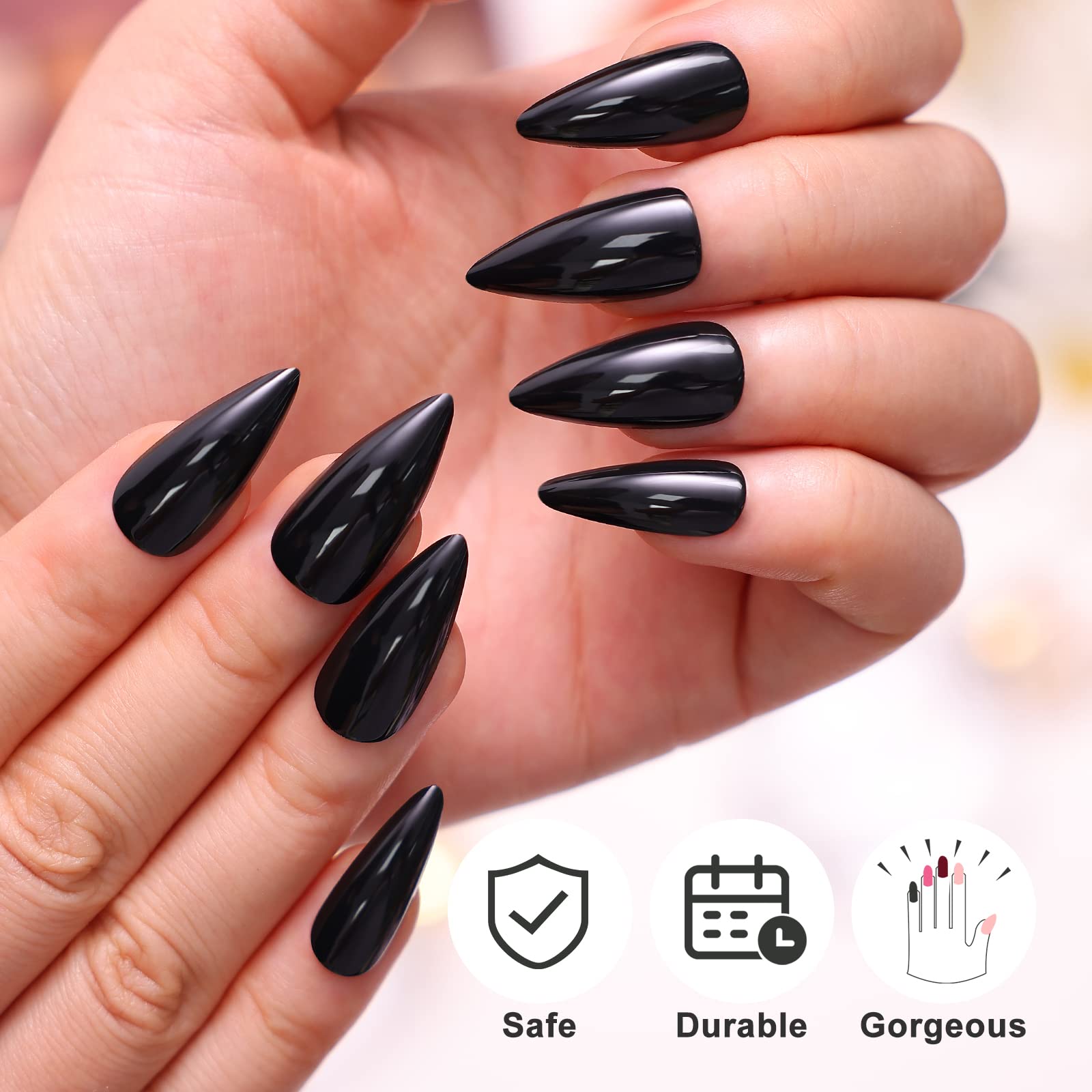 morily 24Pcs Black Press on Nails Stiletto Fake Nails Medium Length Almond False Nails Tips Long Acrylic Glossy Stick on Nail Solid Color Full Cover Fingernails Manicure for Women (Black) - Image 5