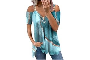 SHOPESSA Women's Off The Shoulder Tops Plus Size Zip Up Hollow Lace T Shirts 3/4 Sleeve Blouses for Women Fashion