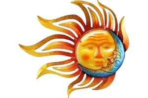 Large Metal Sun (18 Inch) Metal Glass Wall Decor, Sun Face Wall Art, Sun Moon Wall Outdoor Decoration, Suitable for Living Ro
