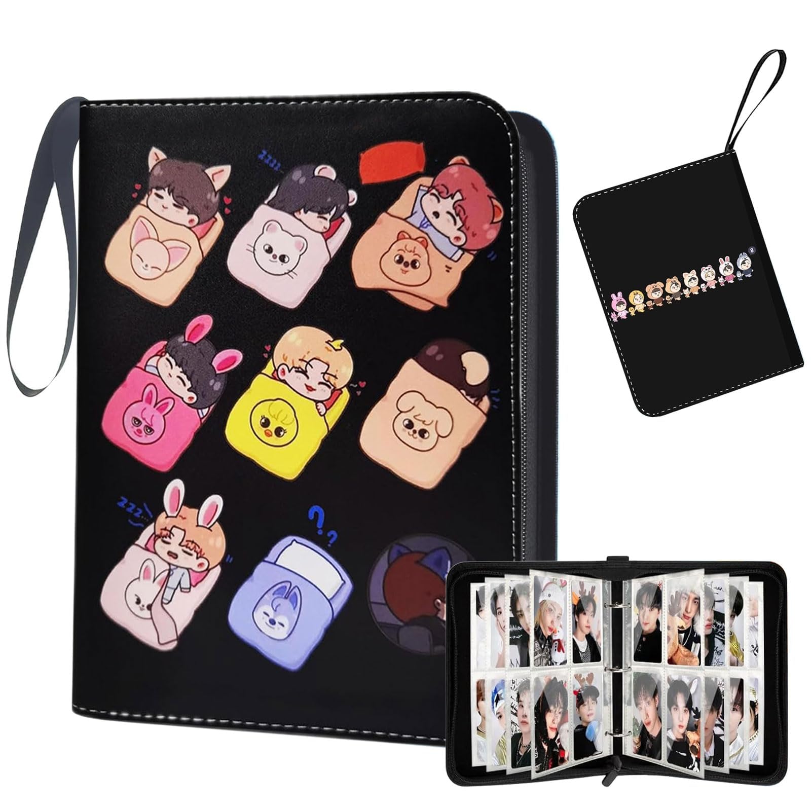 Stray Kids Photocard Binder 400 Pockets, 3 Ring Kpop Binder with 4 Pockets, Total 50 Pages, Cute Cartoon Card Collector, Idol Photo Album for Kpop Fans, Boys and Girls, Black