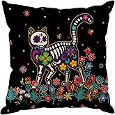 ZAEW Dia De Los Muertos Pillow Cover Sugar Skull Cat Colorful Flowers Day of The Dead Mexican Throw Pillow Case Decorations for Farmhouse Home Bedroom Sofa Couch Outdoor Holiday Decor 16x16 Inch