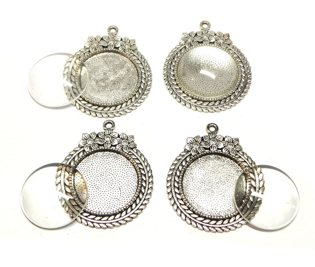 Set of 4 Metal Pendants Flower Setting Charm and 25 mm Round Clear Glass Cabochon Silver Frame Super Look Craft Set