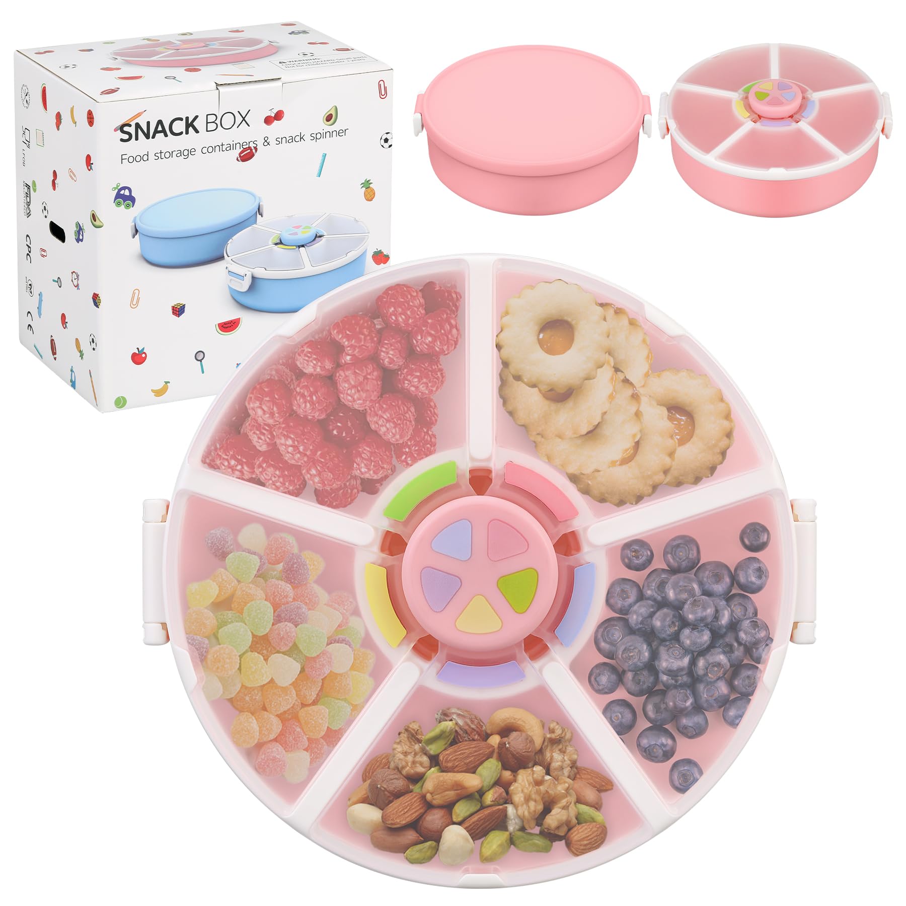 Photo 1 of Pawtong Snack Rotator Container Reusable Snack Box with 5 Compartment Dispenser and Lid, Color Matching Opening Lid, BPA and PVC Free, for Home, School, Travel (2 Pack- Pink)