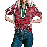 KevaMolly Womens Halloween Christmas T Shirts Plaid Pearl Ruffle Short Sleeve Loose T Shirt Casual Tunic Tops
