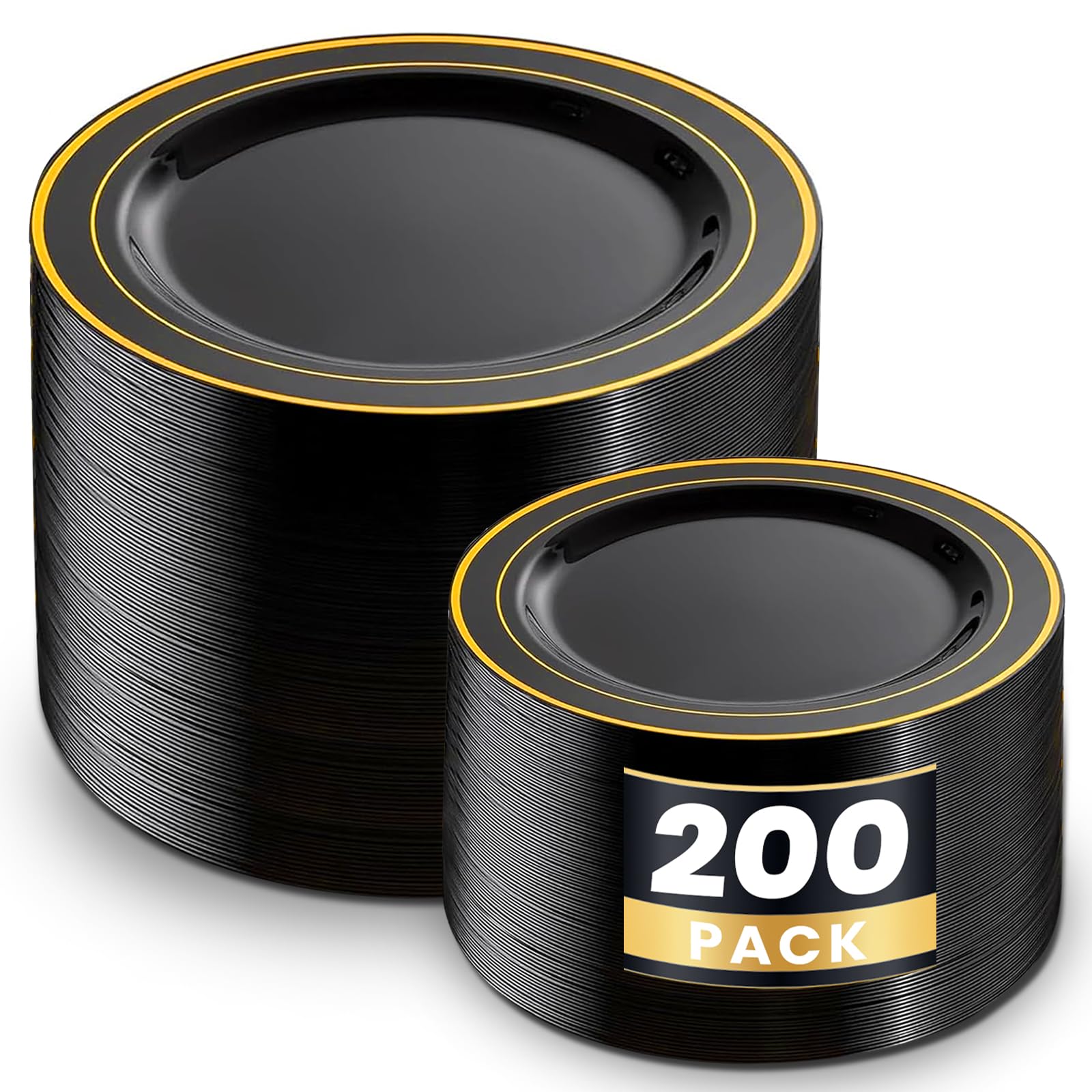 Photo 1 of WDF 200PCS Black and Gold Plastic Plates - Black Plates Disposable for Party - Heavy Duty Plastic Plate for Halloween/New Year