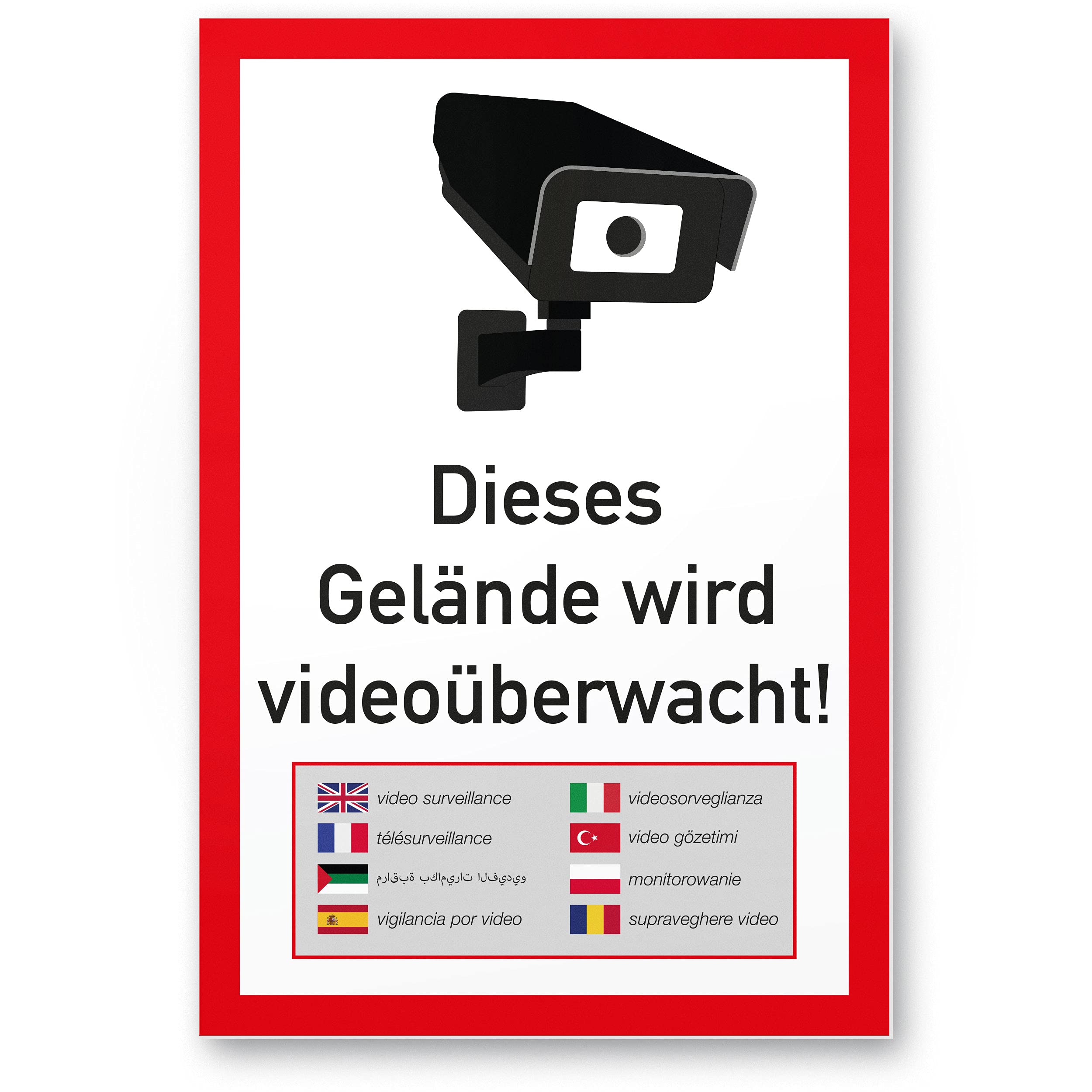 Terrain Video Surveillance multilingual Plastic Sign (20 x 30 cm) – Warning/Caution Video Surveillance – Warning Sign Video Surveillance – Warning Sign