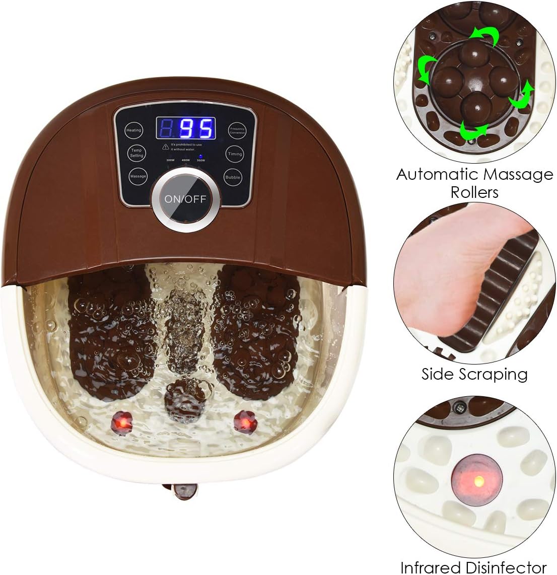 Giantex Foot Spa Bath Massager with Heat, Bubbles, 16 Pedicure Shiatsu Roller Massage Points, Frequency Conversion Power Saving, Adjustable Time & Temperature, LED Display, Drainage Pipe (Brown): Health & Personal Care
