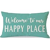 HERHOME Decorative Throw Pillow Cover 12x20 Inch Welcome to Our Happy Place Turquoise Outdoor Beach Front Porch Patio Decor Lumbar Cushion Case Decoration for Home Living Room Sofa Couch
