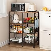 SWTYMIKI Kitchen Island Cart on Wheels - 4 Tier Rolling Kitchen Table Cart with Storage Shelves, 6 Removable Hooks& Locking Casters, Coffee Bar Cabinet for Dining Room Pantry Office, Espresso