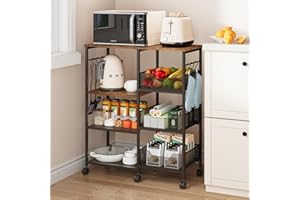 SWTYMIKI Kitchen Island Cart on Wheels - 4 Tier Rolling Kitchen Table Cart with Storage Shelves, 6 Removable Hooks& Locking Casters, Coffee Bar Cabinet for Dining Room Pantry Office, Espresso