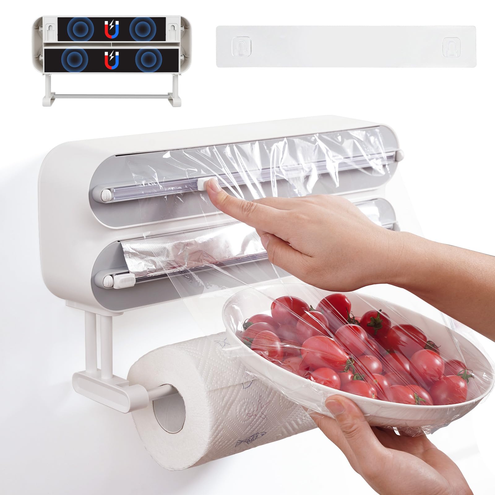 DBREAKS Wall Roll Holder Kitchen 3 Rolls Kitchen Roll Holder Magnetic Cling Film Cutter Cling Film Dispenser Aluminium Foil Dispenser Foil Paper Roll Holder with Cling Film
