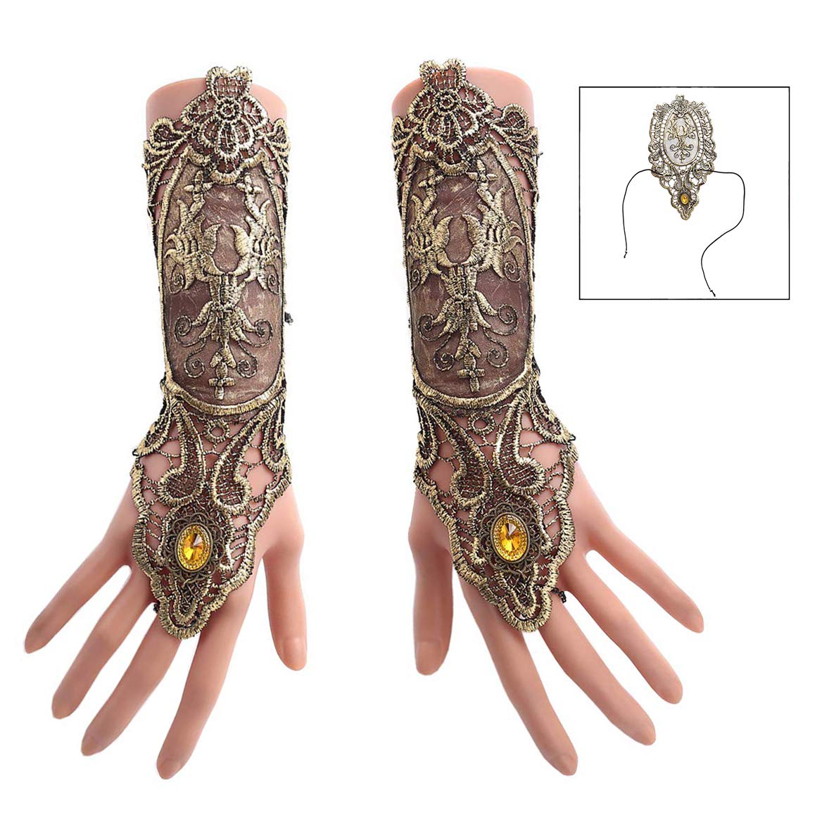 iWobi Women Retro Lace Fingerless Gothic Floral Lace Long Gloves Steampunk Style Wristband Ring Vintage Beaded Handmade Lace Up Gloves