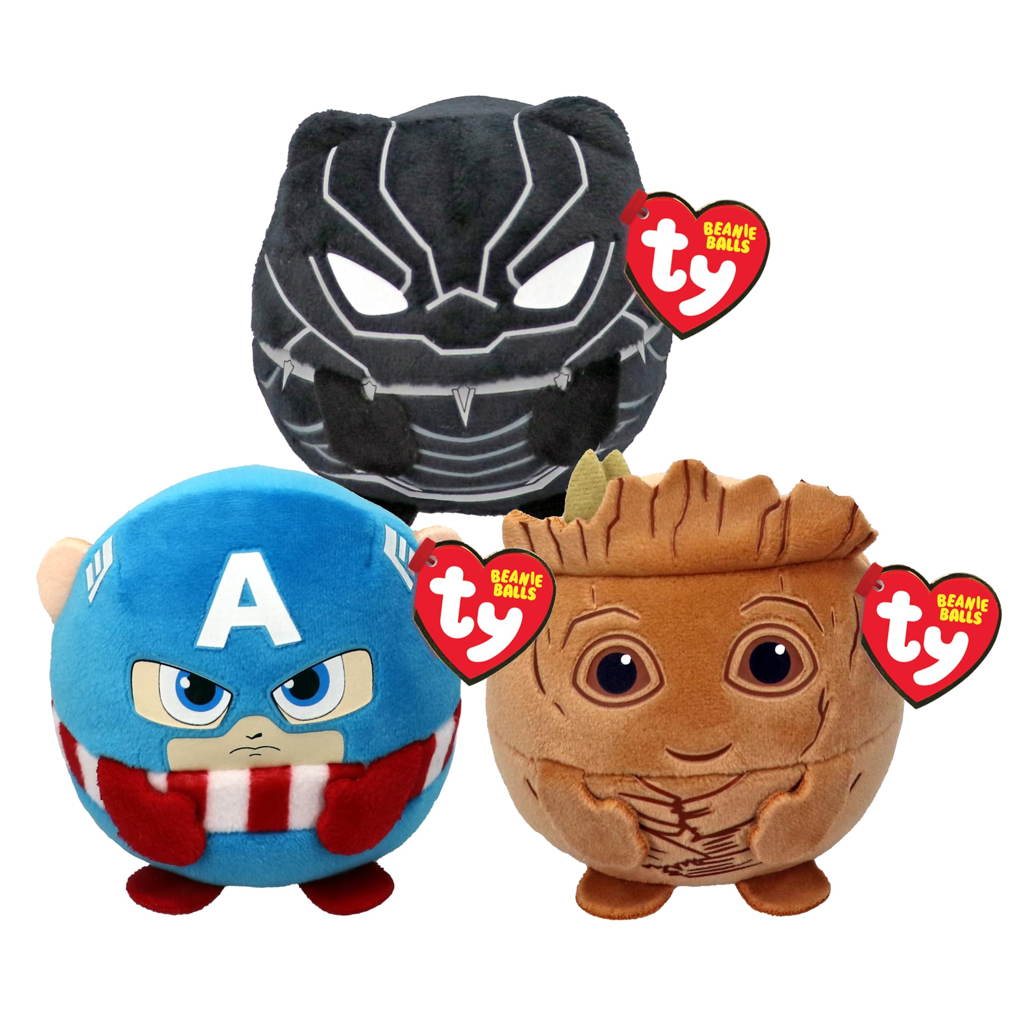TY Beanie Balls Plush Multipacks - Black Panther, Captain America and Groot Teddy Plush Toys Set - Soft Plushies for Babies and Kids