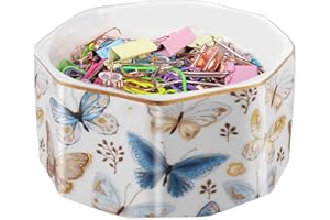 LEAZUL Ceramic Paper Clip Holder Gold Line Paper Clip Dispenser Organizer for Desk Cute Floral Butterfly Pattern Office Binder Clip Holder Bobby Pin and Hair Clip Holder Gift for Office Butterfly