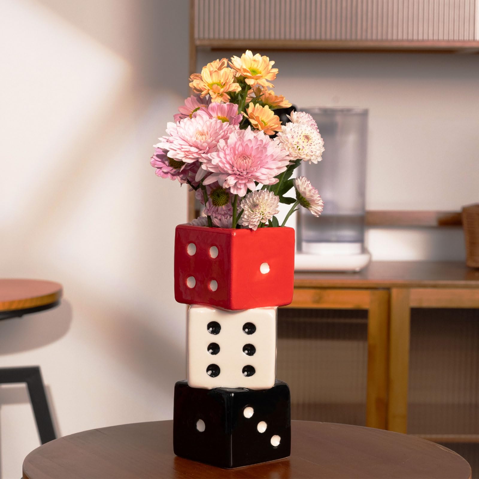 Photo 1 of (see images) MOUGIGI Funky Dice Vase - Unique Ceramic Home Decor for Bars| Stylish Black, White & Red Geometric Design | 