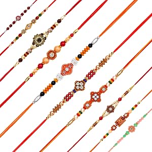 SAJTOX Set of 10 Designer Rakhi for Brother | Handmade Traditional Raksha Bandhan Rakhi Combo Pack | Multicolor Beaded & Ston