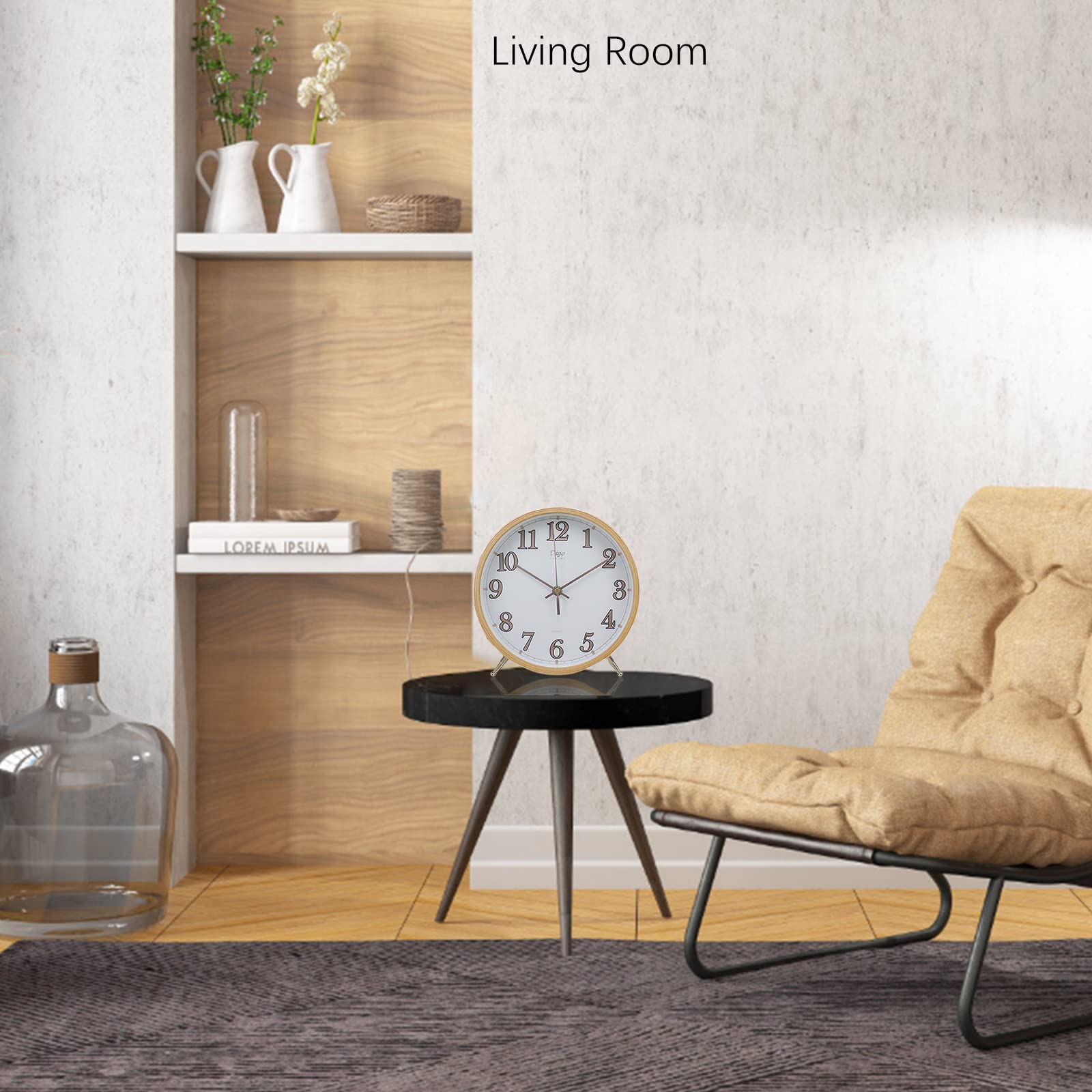 JUSTUP Modern Table Clock, 8 Inch Simple Design Desk Clock for Living Room, Silent Non-Ticking Clocks with Battery Powered, Analog Desktop Clock Decor for Bedroom Bedside Office (White)