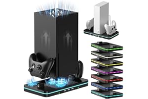 HUIJUKEJI Vertical Cooling and Charging Stand Compatible with Xbox Series X/S Console＆Controller, 7 Color Lights/3 USB Ports, Vertical Dual Controller Charger Station Dock Accessories - 2 Gear Fan Speed