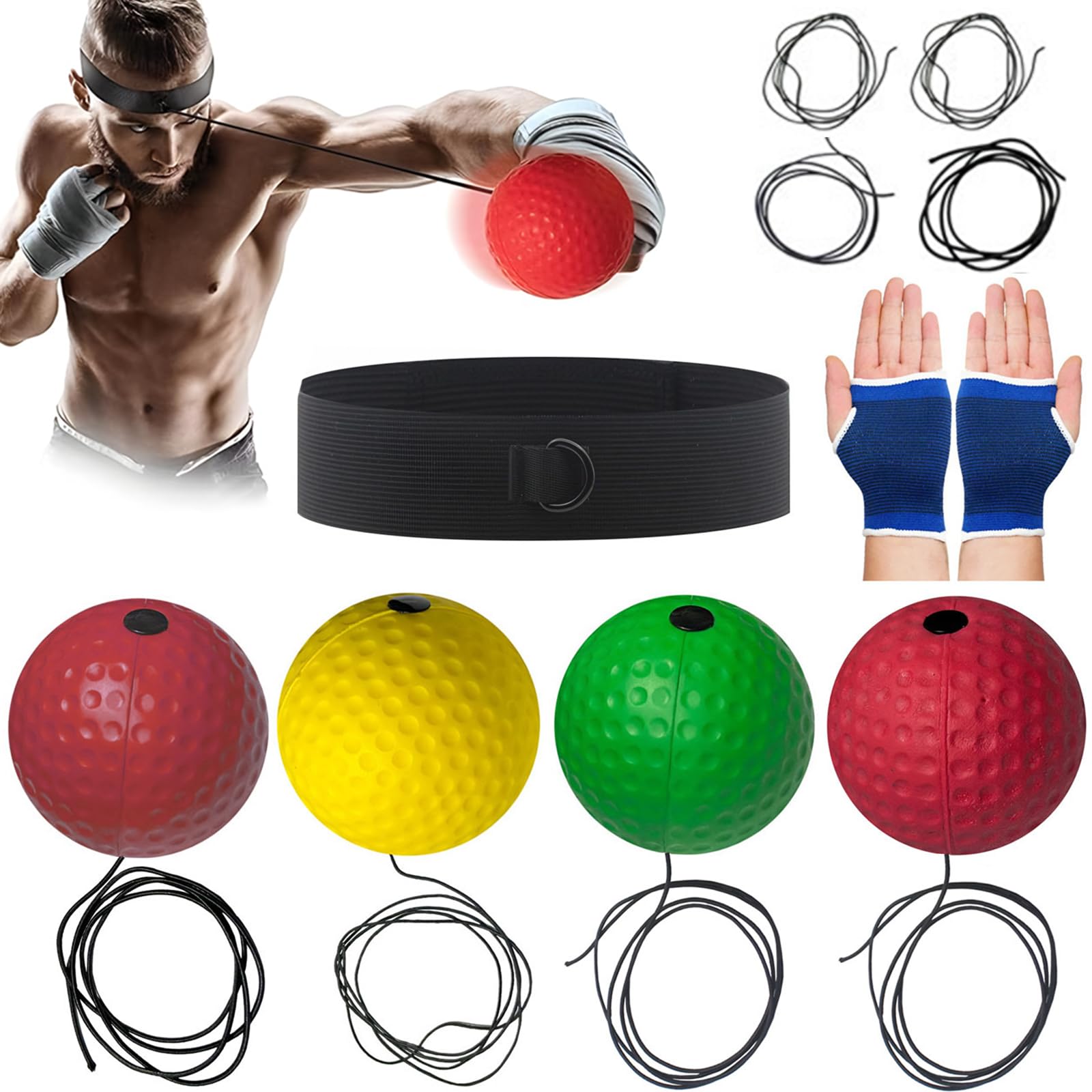 Boxing Reflex Ball, 4 React Reflex Ball Plus 2 Adjustable Headband, Perfect for Reaction, Agility, Punching Speed, Fight Skill and Hand Eye Coordination Training