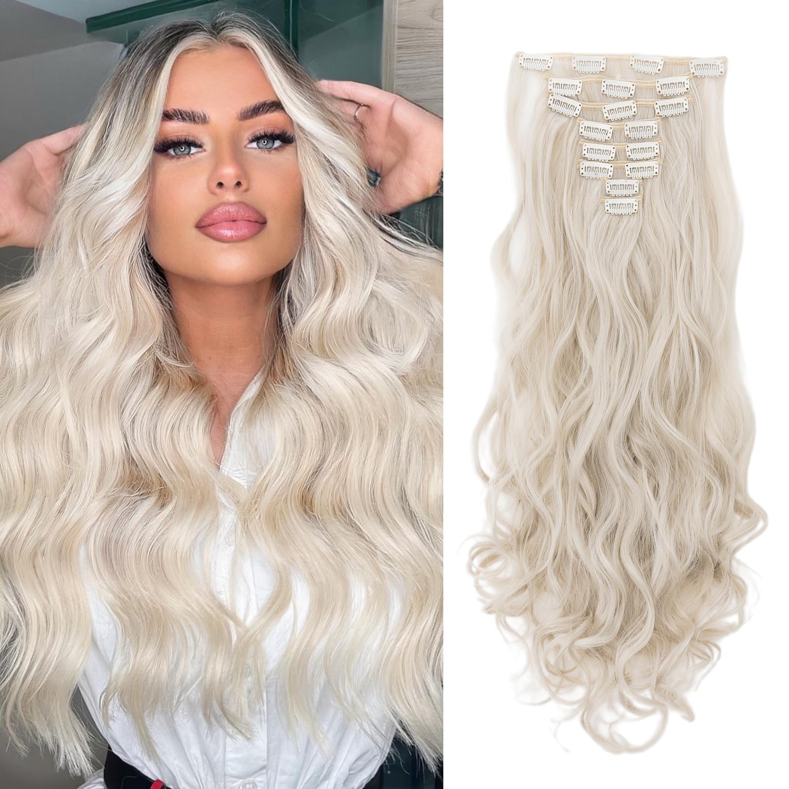 8Pcs 18Clips Full Head Clip in Hair Extensions Long Curly Synthetic Thick Hair Extension Ombre Wavy Hairpiece for Women 24" Ash Blonde mix Silver Gray