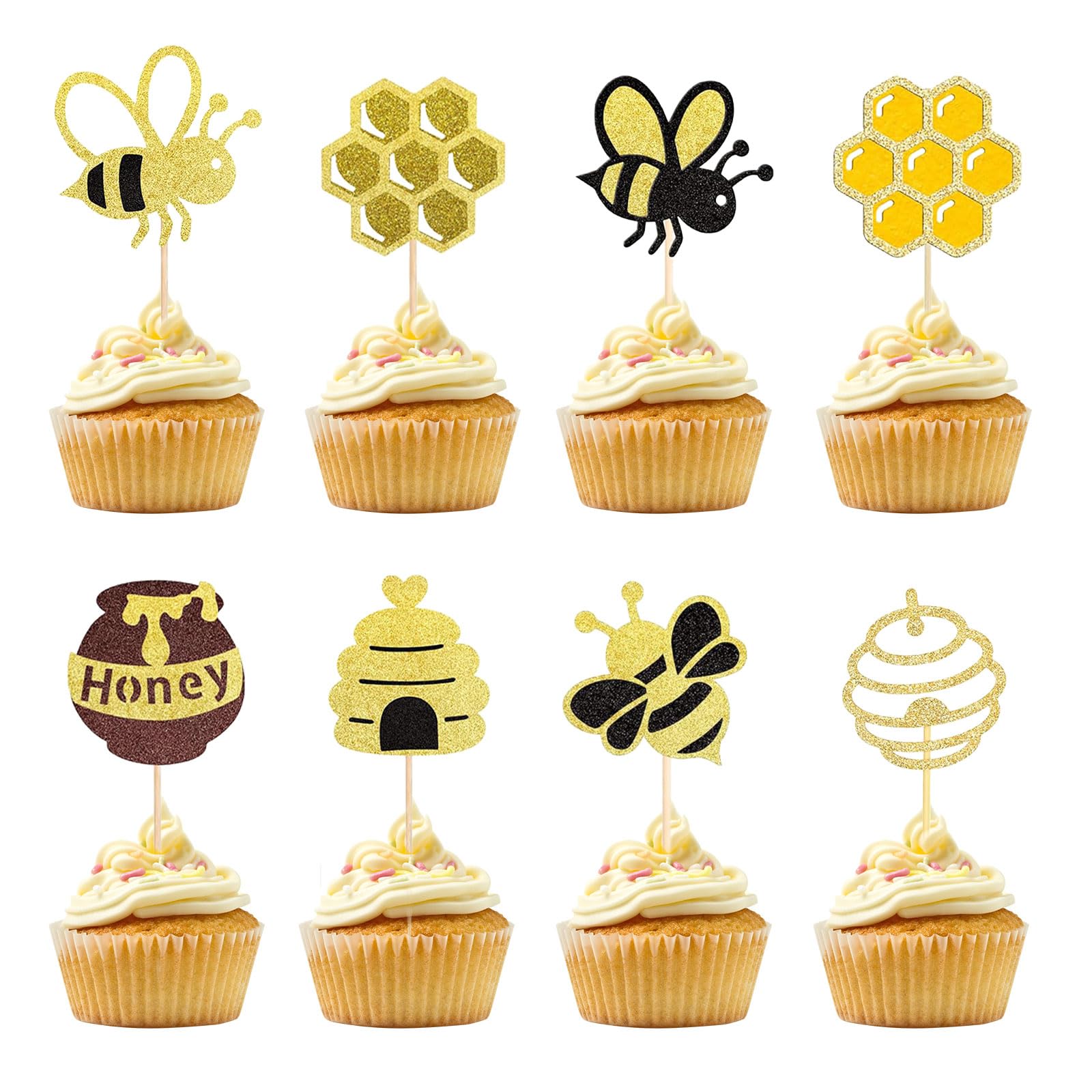 Photo 1 of 24 PCS Bumble Bee Cupcake Toppers Glitter Heart Honeycomb Bee Cupcake Picks BaBy Shower Cake Decorations for Bee Theme Baby Shower Kids Birthday Party Supplies