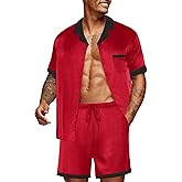 Ekouaer Men Satin Silk Pajamas Set with Pockets Sleepwear Shorts Satin Summer Loungewear 2 Piece Button Down Set S-3XL
