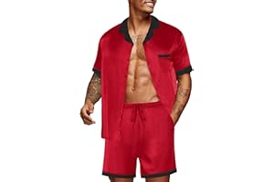 Ekouaer Men Satin Silk Pajamas Set with Pockets Sleepwear Shorts Satin Summer Loungewear 2 Piece Button Down Set S-3XL