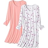 Ekouaer Cotton Nightgowns for Women 2 Pack Night Gown Long Sleeve Sleepshirts V Neck Night Shirt Soft Sleepwear