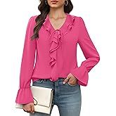 Funlingo Women's Long Sleeve Tops Dressy Casual V Neck Ruffle Tunic Chiffon Blouse Fall Trendy Work Shirts