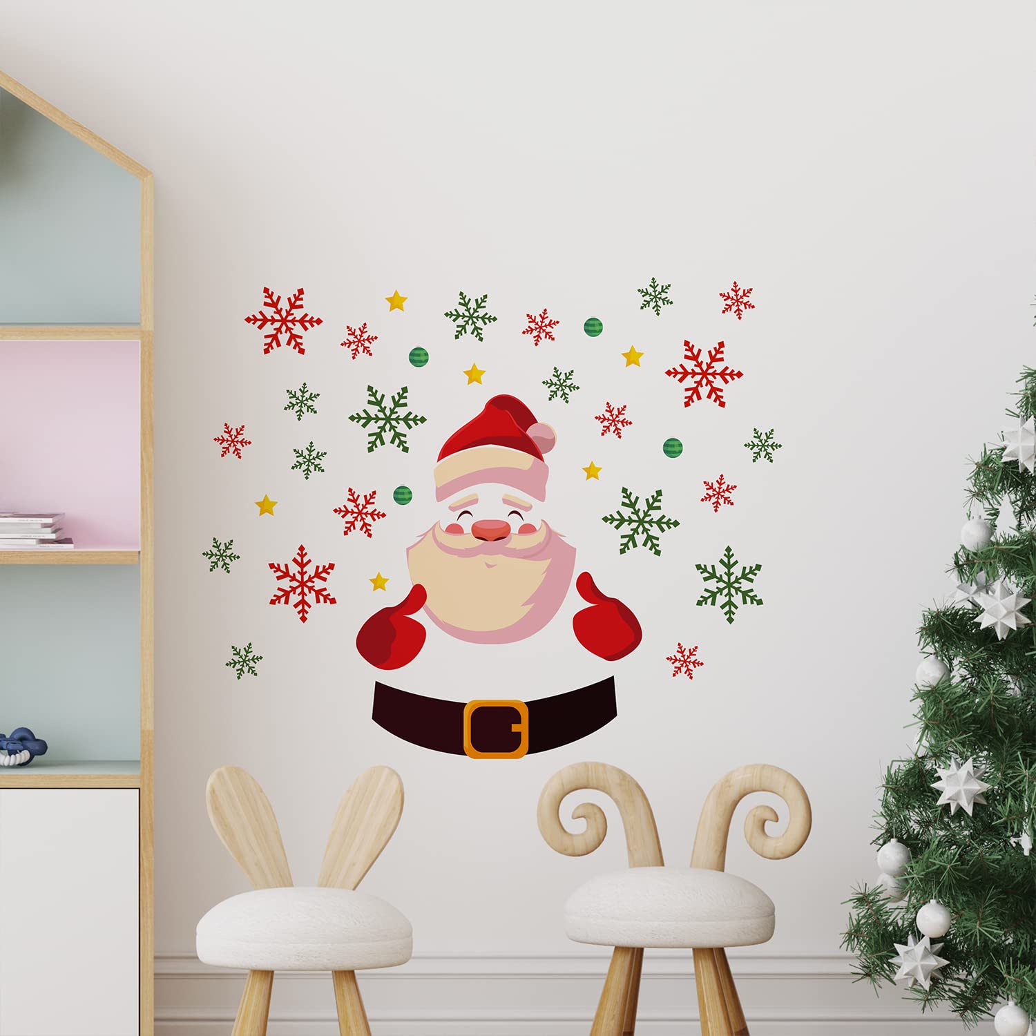WALPLUS Christmas Wall Stickers 70x90cm – Cute Santa & Colourful Snowflakes Decals – Removable Window Clings & Wall Art for Living Room, Bedroom, DIY Holiday Decor & Gifts