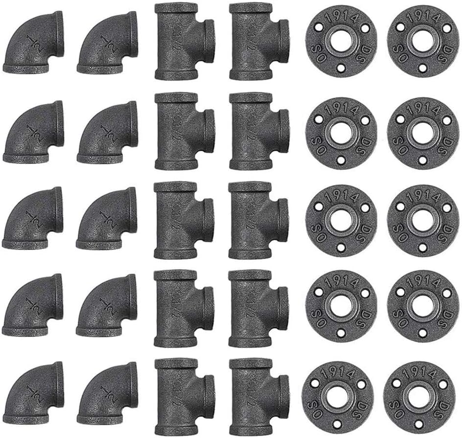GOOVI 1/2 Inch Cast Iron Pipe Fittings (10 Elbows, 10 Tees, 10 Flange ), 1/2 Inch Black Pipe Fittings, for Steampunk Pipe Shelf and DIY Furniture, 30 Pack. - - 