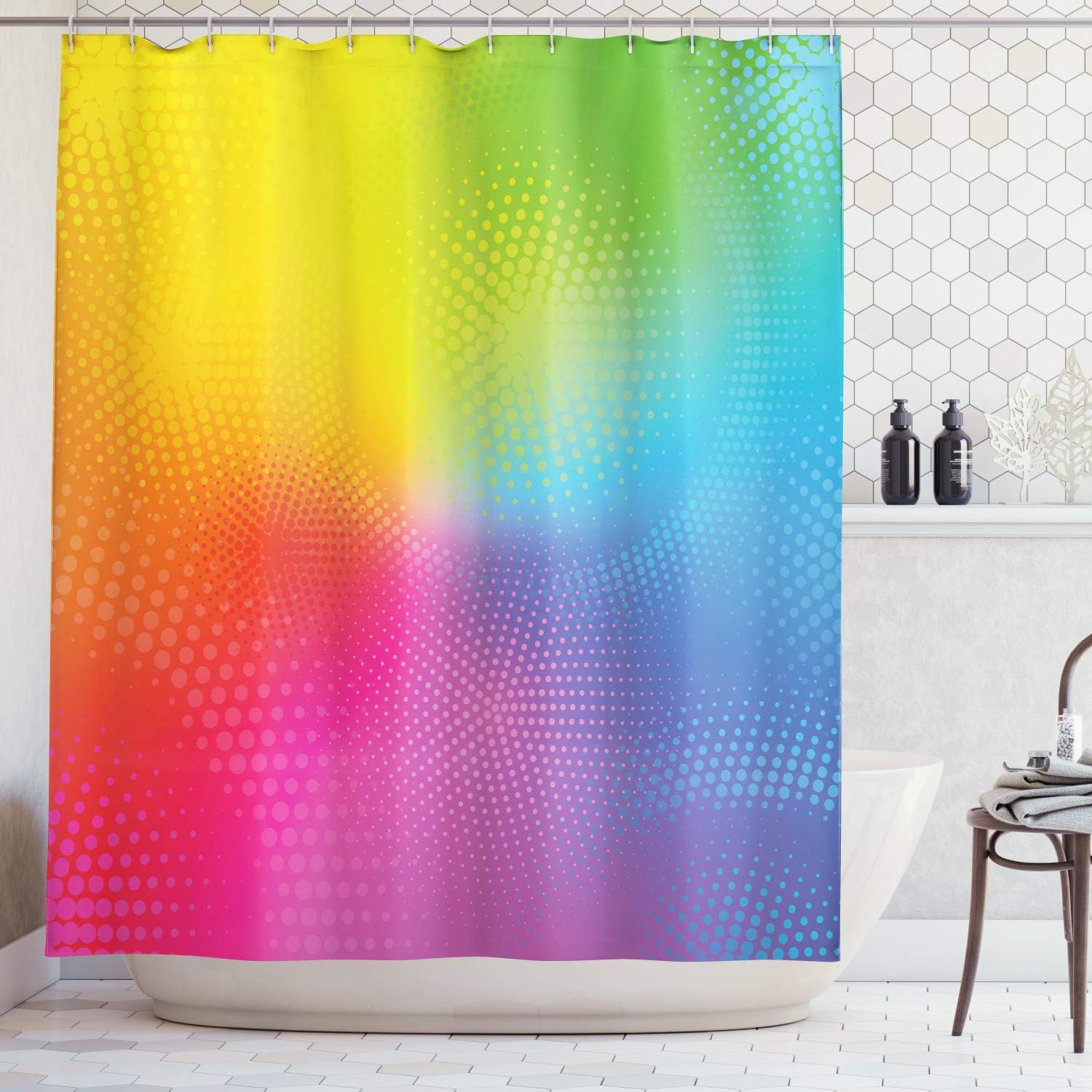 ABAKUHAUS Rainbow Shower Curtain, Vibrant Neon Colors Circles Rounds