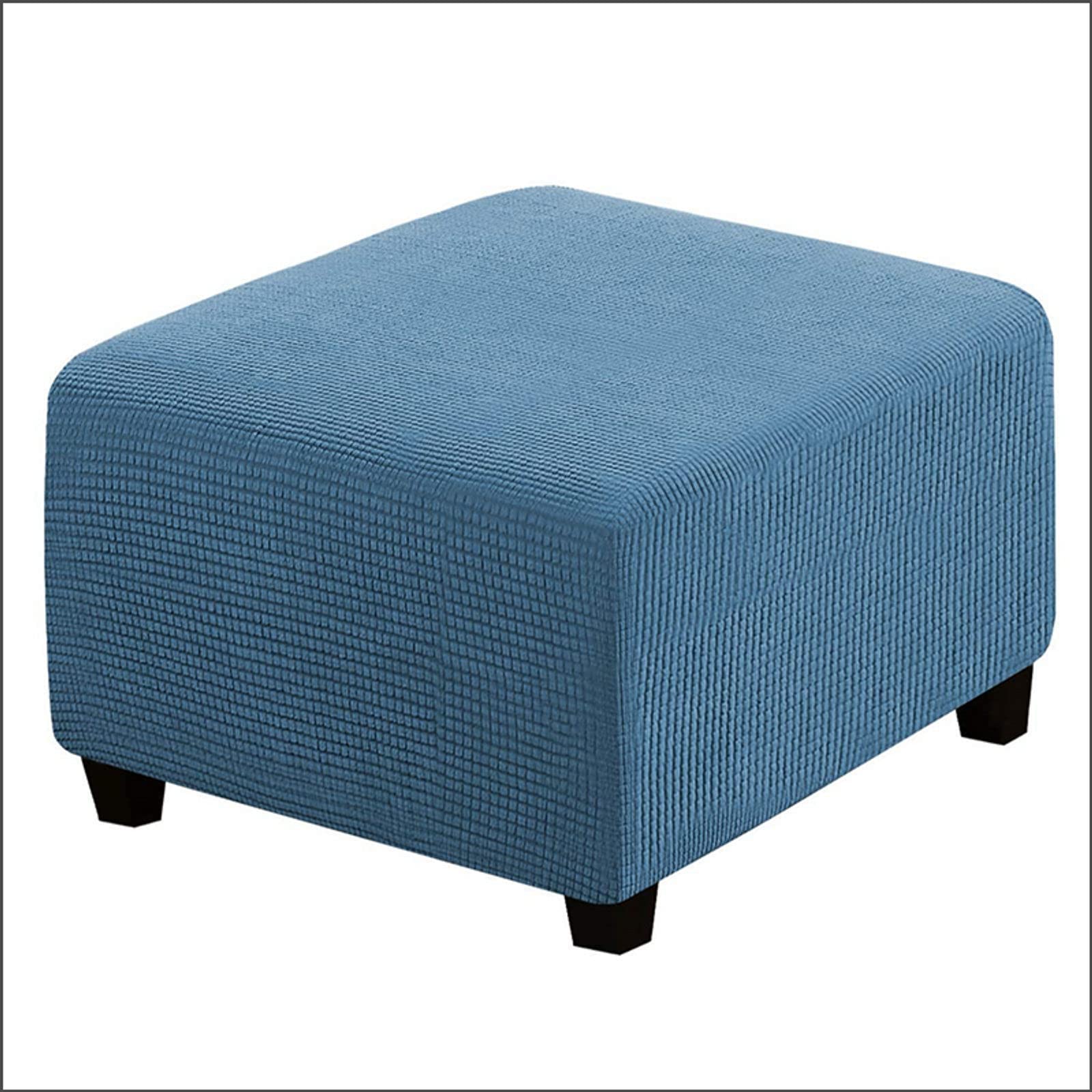 Qiden Square Footstool Ottoman Plush, 10% Thicker Large Stretch Pouffe Cover Anti-Slip Foot Stool Jacquard Slipcovers With Elastic Bottom, Machine Washable-Dusty Blue-Large
